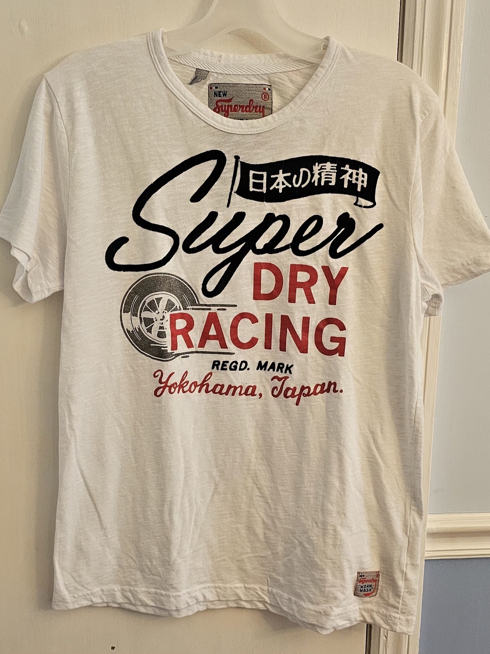 Superdry White Racing Logo Tee with Black & Red Graphics